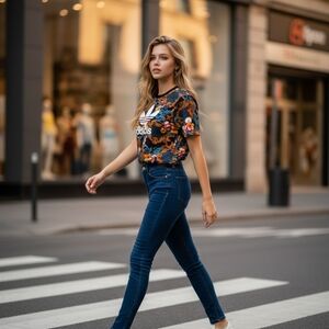 adidas Floral Black and Orange Short Sleeve Tee